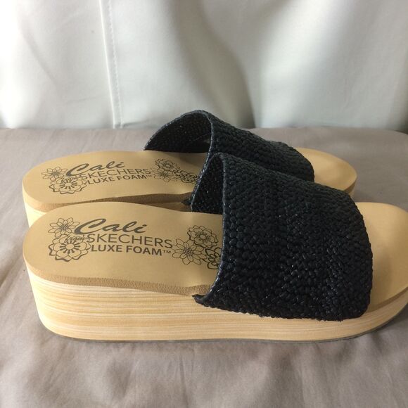 Cali By Skechers Luxe Foam Wedge Slide Sandals Black Raffia Size 11 New - Picture 2 of 8